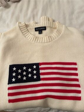 State of Mind Cream Crewneck Sweater with Red and Blue Flag Motif